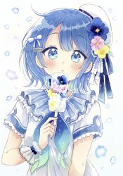 Rule 34 | 1girl, beret, blue eyes, blue flower, blue hair, bow, commentary request, dress, floral background, flower, food, grey background, hair bow, hair flower, hair ornament, hairclip, hat, highres, holding, holding food, holding popsicle, looking at viewer, original, pink flower, popsicle, sakura oriko, short sleeves, simple background, solo, upper body, white bow, white dress, white flower, white hat, yellow flower