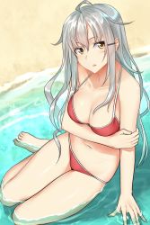Rule 34 | 10s, 1girl, ahoge, arm support, beach, bikini, blush, breasts, brown eyes, cleavage, collarbone, day, scar on face, feet, gangut (kancolle), hair between eyes, hair ornament, hairclip, hand on own arm, highres, kantai collection, long hair, looking at viewer, medium breasts, navel, open mouth, outdoors, pallad, partially submerged, red bikini, scar, scar on cheek, scar on face, silver hair, sitting, skindentation, solo, swimsuit, water, yellow eyes