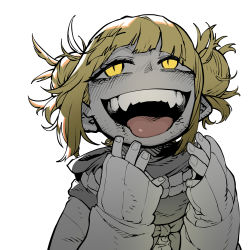 Rule 34 | 1girl, :d, blonde hair, boku no hero academia, double bun, fangs, fingernails, hands up, highres, monochrome, open mouth, pointy ears, simple background, sleeves past wrists, slit pupils, smile, solo, spot color, ssambatea, sweater, teeth, toga himiko, tongue, tongue out, upper teeth only, white background, yellow eyes, yellow theme
