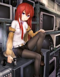 Rule 34 | 1girl, aki99, black pantyhose, blue eyes, headphones, headphones removed, highres, indoors, long hair, looking at viewer, makise kurisu, necktie, pantyhose, red hair, red necktie, revision, shirt, shorts, sitting, solo, steins;gate, television, white shirt