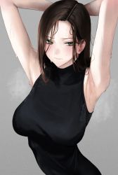 Rule 34 | 1girl, absurdres, altair (reincarnation of the suicidal battle god), armpit focus, armpits, arms behind head, black dress, blush, breasts, brown hair, closed mouth, commission, commissioner upload, dress, embarrassed, green eyes, grey background, highres, medium breasts, medium hair, out type (outtypeex), reincarnation of the suicidal battle god, skeb commission, solo, sweat, upper body