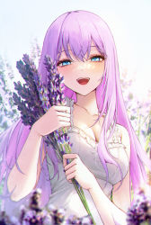Rule 34 | 1girl, :d, absurdres, bare shoulders, blue eyes, blush, breasts, cleavage, flower, frills, highres, lavender (flower), long hair, mohaka (m 0haka), open mouth, original, purple hair, smile, solo, teeth