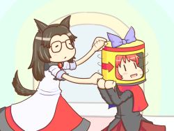 Rule 34 | 2girls, animal ears, arrow (symbol), bespectacled, bow, brooch, brown hair, cape, chibi, dress, glasses, hair bow, imaizumi kagerou, jewelry, long hair, long sleeves, multiple girls, open mouth, ponzholic, red hair, sekibanki, short hair, skirt, smile, tail, touhou, turning head, wolf ears, wolf tail