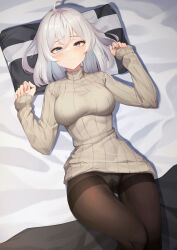 Rule 34 | 1girl, 3:, absurdres, ahoge, bed sheet, breasts, brown pantyhose, cameltoe, closed mouth, commission, crotch seam, daydream (zhdkffk21), dress, gluteal fold, grey eyes, grey sweater, hands up, highres, knee up, large breasts, long sleeves, looking at viewer, lying, medium hair, on back, on bed, original, panties, panties under pantyhose, pantyhose, pillow, ribbed sweater, solo, sweater, sweater dress, thighband pantyhose, thighs, turtleneck, turtleneck sweater, underwear, white hair