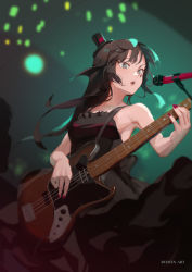 Rule 34 | 1girl, akiyama mio, artist name, bass guitar, black dress, black eyes, black hair, black hat, commentary, don&#039;t say &quot;lazy&quot;, dress, english commentary, hat, highres, holding, holding instrument, instrument, k-on!, long hair, microphone, mini hat, mini top hat, music, playing instrument, ruiwen, sidelocks, sleeveless, sleeveless dress, solo, top hat, watermark