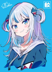 Rule 34 | 1girl, absurdres, animal costume, blue background, blue eyes, blue hair, blue hoodie, blunt bangs, blush, commentary request, cropped torso, dot nose, fins, fish tail, gawr gura, gawr gura (1st costume), grin, hair ornament, highres, hololive, hololive english, hood, hoodie, ichijo rei, looking at viewer, medium hair, multicolored hair, shark costume, shark girl, shark hair ornament, shark tail, sidelocks, signature, simple background, smile, solo, streaked hair, tail, teeth, two side up, upper body, virtual youtuber, white hair