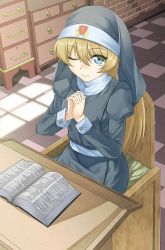 Rule 34 | 1girl, ;), absurdres, bad id, bad pixiv id, bible (object), blonde hair, blue eyes, book, habit, highres, long hair, looking at viewer, nun, one eye closed, open book, original, own hands clasped, own hands together, oxxo (dlengur), praying, sitting, smile, solo, traditional nun, wink