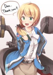 Rule 34 | 1girl, american flag, belt, blonde hair, blush, book, buttons, collarbone, cosplay, ellen baker, english text, eyebrows, green eyes, hair over shoulder, hair ribbon, hand on own hip, holding, holding book, ichikawa feesu, jacket, kantai collection, long hair, looking at viewer, low ponytail, machinery, new horizon, open clothes, open jacket, open mouth, prinz eugen (kancolle), prinz eugen (kancolle) (cosplay), ribbon, scrunchie, shirt, simple background, skirt, solo, turret