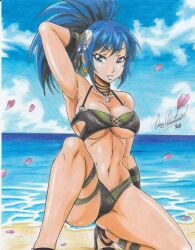Rule 34 | 1girl, 2020, arm behind head, arm up, armpits, beach, bikini, blue eyes, blue hair, breasts, cherry blossoms, cleavage, earrings, hair ornament, heels, highres, jewelry, knees, large breasts, leona heidern, navel, necklace, ocean, ponytail, ravernclouk design, sand, senran kagura, snk, solo, swimsuit, the king of fighters, traditional media