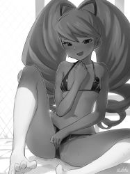 Rule 34 | 1girl, barefoot, big hair, bikini, bikini bottom aside, blush, censored, chain-link fence, clothing aside, commentary request, drill hair, eyelashes, fence, greyscale, hair ribbon, highres, long hair, looking at viewer, luna platz (mega man), mega man (series), mega man star force, monochrome, mosaic censoring, navel, open mouth, pussy, ribbon, signature, sitting, smile, solo, spread toes, sweatdrop, swimsuit, toes, twin drills, u-doku