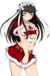 Rule 34 | 00s, 1girl, bandeau, belt, blush, breasts, brown eyes, brown hair, christmas, costume, curvy, female focus, flat chest, hat, highres, hime cut, ikkitousen, legs, long hair, looking at viewer, maid headdress, midriff, miniskirt, navel, pink eyes, pom pom (clothes), red bandeau, red skirt, santa costume, simple background, skirt, small breasts, solo, standing, strapless, ten&#039;i (ikkitousen), third-party source, tube top, white background