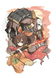 Rule 34 | 1boy, 1girl, armor, bandages, bow, fire, hair between eyes, hair bow, highres, horns, huge weapon, japanese clothes, katana, kimono, looking down, monster, original, patch, ponytail, senhappyaku, sidelocks, skull, sunset, sword, torn clothes, weapon
