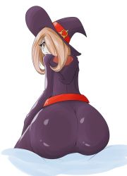 Rule 34 | 10s, 1girl, ass, bright pupils, brown hair, female focus, from behind, hat, little witch academia, looking at viewer, looking back, sitting, solo, sucy manbavaran, witch, witch hat