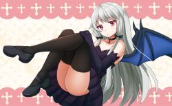 Rule 34 | 10s, 1girl, ass, bare shoulders, bat wings, black choker, black footwear, black thighhighs, blue wings, blush, breasts, choker, cleavage, collarbone, commentary, dress, elbow gloves, full body, gloves, hair ornament, head tilt, highres, kazenokaze, long hair, looking at viewer, parted lips, purple dress, purple eyes, purple gloves, shoes, silver hair, small breasts, solo, sophie twilight, strapless, strapless dress, thighhighs, tonari no kyuuketsuki-san, very long hair, wings