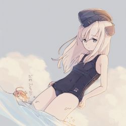 Rule 34 | 2girls, black one-piece swimsuit, blonde hair, blue eyes, blue sky, breasts, cloud, commentary request, cowboy shot, day, dutch angle, garrison cap, hat, highres, i-58 (kancolle), kantai collection, kokudou juunigou, long hair, multiple girls, one-piece swimsuit, outdoors, school swimsuit, sky, small breasts, solo focus, swimsuit, u-511 (kancolle), water