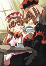 Rule 34 | 2girls, black dress, brown hair, capelet, cup, dress, drinking, dual persona, female focus, hat, lily black, lily white, long hair, multiple girls, red eyes, short hair, smile, table, tea, teacup, touhou, white dress, yohane