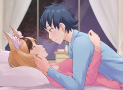 Rule 34 | 1boy, 1girl, alternate costume, animal ear fluff, animal ears, bed, bedroom, blonde hair, blue hair, blue pajamas, boy on top, brown hair, closed mouth, commission, commissioner upload, couple, curtains, eye contact, fire emblem, fire emblem fates, fox ears, fox girl, hand on another&#039;s face, hands on another&#039;s back, hetero, highres, igni tion, indoors, kiragi (fire emblem), looking at another, lying, lying on person, multicolored hair, nintendo, on back, on bed, pajamas, pillow, selkie (fire emblem), upper body, yellow eyes