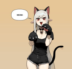 Rule 34 | 1girl, animal ear fluff, animal ears, animal hands, bell, black shirt, blouse, breasts, cat ears, cat paws, cat tail, cleavage, collar, collarbone, commentary, earrings, fang, gogalking, grey hair, headband, highres, jewelry, long hair, looking at viewer, neck bell, original, pointy ears, red eyes, shirt, short shorts, shorts, simple background, slit pupils, solo, tail, vampire (gogalking), very long hair, yellow background