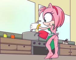 Rule 34 | 1girl, absurdres, amy rose, apron, ass, back, barefoot, colored skin, cooking, eyelashes, feet, furry, gloves, green apron, green eyes, highres, kitchen, long eyelashes, naked apron, pink fur, pink hair, pink skin, red gloves, rilo (artist), sega, soles, sonic (series), tail, tongue, tongue out, white gloves