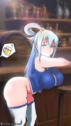 Rule 34 | 1girl, ?, absurdres, aqua (konosuba), artist name, ass, bare shoulders, bent over, blue eyes, blue hair, bottomless, breasts, counter, csfanserivce, highres, huge ass, kono subarashii sekai ni shukufuku wo!, large breasts, leaning, long hair, looking back, sleeveless, solo, thick thighs, thighhighs, thighs, white thighhighs