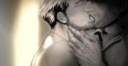 Rule 34 | 2boys, arm hair, bara, beard, blush, chest hair, close-up, facial hair, french kiss, greyscale, hairy, half-closed eyes, hand on another&#039;s neck, head out of frame, kiss, male focus, mature male, monochrome, multiple boys, muscular, muscular male, original, partially unbuttoned, pectoral cleavage, pectorals, saliva, saliva trail, short hair, sideburns, tarowo, tongue, tongue out, torogao, yaoi