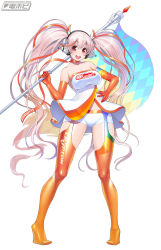 Rule 34 | 1girl, alternate hairstyle, bare shoulders, blush, boots, breasts, cleavage, elbow gloves, full body, gloves, goodsmile racing, headphones, high heel boots, high heels, highres, large breasts, long hair, looking at viewer, nitroplus, open mouth, orange thighhighs, pink eyes, pink hair, race queen, smile, solo, super sonico, thigh boots, thighhighs, tsuji santa, twintails, watermark