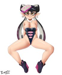 Rule 34 | + +, 1girl, adapted costume, artist name, black hair, blush, breasts, callie (splatoon), collarbone, dated, detached collar, domino mask, earrings, fang, female focus, full body, gradient hair, greyimpaction, highres, invisible chair, jewelry, leotard, light blush, lips, long hair, looking at viewer, mask, medium breasts, mole, mole under eye, multicolored hair, navel, nintendo, object on head, partially visible vulva, platform footwear, pointy ears, purple footwear, purple hair, see-through, shiny skin, shoes, signature, simple background, sitting, smile, solo, splatoon (series), splatoon 1, spread legs, strapless, strapless leotard, tentacle hair, twintails, white background, yellow eyes
