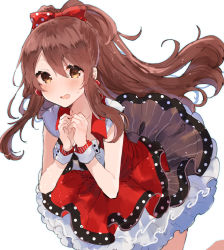 Rule 34 | 1girl, black neckwear, blush, bow, breasts, brown eyes, brown hair, brown skirt, circle skirt, commentary request, earrings, hair between eyes, hair bow, hands up, high ponytail, highres, idolmaster, idolmaster shiny colors, ikeuchi tanuma, jewelry, long hair, looking at viewer, nervous smile, open mouth, osaki tenka, pleated skirt, polka dot, polka dot bow, ponytail, red bow, red skirt, sidelocks, simple background, skirt, small breasts, smile, solo, sweat, very long hair, white background, wrist cuffs