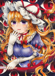 Rule 34 | 1girl, absurdres, blonde hair, breasts, commentary request, dress, elbow gloves, folded fan, folding fan, frilled shirt collar, frilled sleeves, frills, gap (touhou), gloves, hair between eyes, hand fan, hat, hat ribbon, highres, holding, long hair, looking at viewer, maa (forsythia1729), marker (medium), medium breasts, mob cap, neck ribbon, open mouth, puffy short sleeves, puffy sleeves, purple dress, purple eyes, red ribbon, ribbon, short sleeves, solo, touhou, traditional media, upper body, very long hair, white gloves, white hat, yakumo yukari