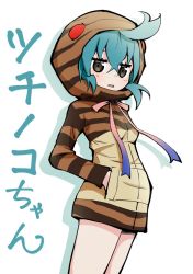 Rule 34 | 10s, 1girl, ahoge, aqua hair, bare legs, blush, brown eyes, character name, cowboy shot, crossed bangs, d:, eyelashes, from side, hand in pocket, hood, hoodie, inumoto, jitome, kemono friends, long sleeves, looking at viewer, neck ribbon, open mouth, ribbon, shadow, sidelocks, simple background, solo, striped clothes, striped hoodie, tsuchinoko (kemono friends), white background