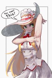 Rule 34 | 1girl, arm up, armpits, bare shoulders, blonde hair, blush, bow, breasts, closed mouth, english text, fingernails, frilled hat, frills, green eyes, guardian tales, hat, highres, iver (reviolet), large hat, long hair, red bow, smile, solo, speech bubble, spread armpit, striped, striped bow, sweat, white bow, white hat