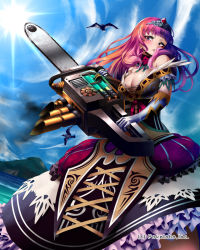 Rule 34 | 1girl, breasts, chainsaw, cleavage, dress, long hair, original, red hair, solo, unmei no clan battle, yana (nekoarashi)