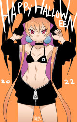 Rule 34 | 1girl, adjusting hood, alisa southerncross, artist name, bikini, black bikini, black choker, breasts, choker, closed mouth, commentary request, cowboy shot, dated, english text, frown, halloween, halloween costume, happy halloween, highres, hood, hood up, keroro gunsou, long hair, long hoodie, long sleeves, looking at viewer, navel, orange background, orange hair, oyster (artist), partial commentary, partially unzipped, red eyes, signature, simple background, small breasts, solo, standing, star ornament, swimsuit, twintails, very long hair, zipper