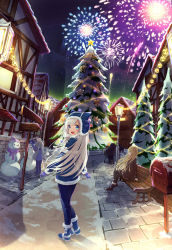 Rule 34 | 4girls, :d, aerial fireworks, animal ears, animal hood, arm support, arms up, bench, black footwear, black legwear, blonde hair, blue capelet, blue eyes, blue footwear, blue pants, blue shirt, boots, brick wall, brown coat, building, capelet, cat hood, child, christmas, christmas lights, christmas tree, coat, fake animal ears, fireworks, fur-trimmed boots, fur-trimmed capelet, fur trim, gloves, grey hair, highres, hood, house, lamppost, lkjun (jg010118), long hair, long sleeves, looking at viewer, looking back, low twintails, multiple girls, night, night sky, open mouth, original, outdoors, pants, pantyhose, park bench, pavement, postbox (outgoing mail), profile, purple gloves, road, shirt, sign, sitting, sky, smile, snow, snowman, standing, star (symbol), street, swept bangs, town, twintails, winter clothes, yellow eyes