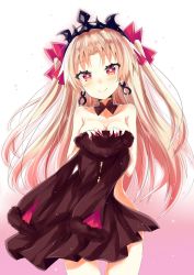 Rule 34 | 1girl, black dress, blonde hair, blush, breasts, cleavage, collarbone, covering privates, cowboy shot, detached collar, dress, earrings, ereshkigal (fate), fate/grand order, fate (series), fur-trimmed sleeves, fur trim, gradient background, hair ribbon, head tilt, highres, hizaka, holding, holding clothes, holding dress, jewelry, long hair, long sleeves, looking at viewer, medium breasts, nail polish, nude, nude cover, parted bangs, pink background, pink nails, pink ribbon, red eyes, ribbon, solo, standing, straight hair, thigh gap, tiara, tohsaka rin, two side up, unworn dress, very long hair, wide hips