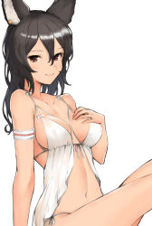 Rule 34 | 1girl, animal ears, arm strap, arm support, backless outfit, bad id, bad pixiv id, bare legs, bare shoulders, black hair, blush, breasts, brown eyes, cat ears, cleavage, collarbone, covered erect nipples, earrings, erune, granblue fantasy, hair between eyes, hand on own chest, ilsa (granblue fantasy), jewelry, koretsuki azuma, long hair, looking at viewer, medium breasts, panties, shiny skin, simple background, sitting, solo, underwear, white background, white panties
