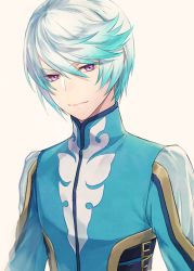Rule 34 | 1boy, bishounen, blue hair, closed mouth, gradient hair, isa (peien516), looking at viewer, male focus, mikleo (tales), multicolored hair, purple eyes, silver hair, simple background, smile, solo, swept bangs, tales of (series), tales of zestiria, upper body, white background