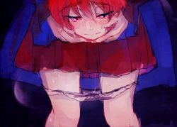 Rule 34 | 1girl, bad id, bad pixiv id, black background, blush, cape, disembodied head, dripping, embarrassed, holding head, miniskirt, panties, panty pull, pussy juice, pussy juice trail, red eyes, red hair, sekibanki, short hair, skirt, solo, sweat, touhou, towako (10wk0), underwear