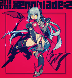 Rule 34 | 1girl, android, armor, blue hair, breasts, commentary, eyelashes, full body, joints, large breasts, leotard, long hair, nintendo, orange eyes, poppi (xenoblade), poppi qtpi (xenoblade), robot joints, sasaki tomomi, scarf, smile, solo, spikes, spoilers, very long hair, xenoblade chronicles (series), xenoblade chronicles 2