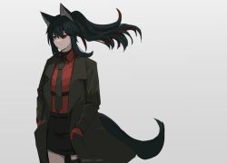 Rule 34 | 1girl, animal ears, arknights, black coat, black hair, black necktie, black skirt, coat, collared shirt, colored inner hair, dress shirt, gloves, grey background, hair between eyes, highres, long hair, lumirumi, multicolored hair, necktie, no earrings, official alternate costume, open clothes, open coat, red eyes, red gloves, red shirt, shirt, simple background, skirt, solo, tail, texas (arknights), texas (willpower) (arknights), thigh strap, wind, wolf ears, wolf girl, wolf tail