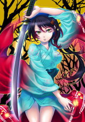 Rule 34 | 1girl, aura, black hair, hisasi, japanese clothes, katana, kimono, long hair, parted lips, solo, source request, sword, weapon, yellow eyes