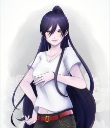 Rule 34 | 1girl, belt, black hair, black pants, bracelet, breasts, cleavage, commentary request, hair between eyes, high ponytail, highres, idolmaster, idolmaster shiny colors, jewelry, large breasts, long hair, looking at viewer, navel, opuka, pants, parted lips, ponytail, red belt, shirase sakuya, shirt, short sleeves, smile, t-shirt, very long hair, white shirt, yellow eyes