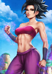 Rule 34 | 10s, 1girl, abs, aura, bare shoulders, black hair, blue sky, blurry, caulifla, clenched hand, dandon fuga, day, depth of field, dragon ball, dragon ball super, glowing, glowing hand, looking at viewer, mountain, navel, sky, smile, solo, spiked hair, stomach, toned, wristband