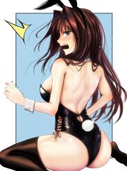 Rule 34 | 1girl, alternate costume, animal ears, aozaki aoko, ass, back, backless outfit, bare shoulders, black leotard, black thighhighs, blue eyes, blush, breasts, brown hair, commentary, fake animal ears, fake tail, from behind, hair intakes, highres, large breasts, leotard, long hair, looking at viewer, mahou tsukai no yoru, no shoes, open mouth, playboy bunny, profile, rabbit ears, rabbit tail, sitting, solo, strapless, strapless leotard, tail, thighhighs, thighs, toomishou, wariza, wrist cuffs