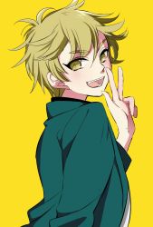 Rule 34 | 1boy, :d, ashikaga hyouta, bishounen series, blonde hair, blush, commentary request, eyelashes, from side, green jacket, hand up, highres, jacket, looking at viewer, male focus, open mouth, shirt, short hair, simple background, smile, solo, tama (riytk), teeth, tongue, upper body, w, white shirt, yellow background, yellow eyes
