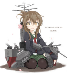 Rule 34 | 1girl, alternate costume, black pantyhose, brown eyes, brown hair, character name, commentary request, cosplay, flower, folded ponytail, hair between eyes, highres, inazuma (kancolle), jacket, kantai collection, mutsuki (kancolle), mutsuki (kancolle) (cosplay), neckerchief, open mouth, pantyhose, petals, school uniform, serafuku, simple background, skirt, smile, solo, turret, usui harusame