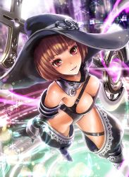Rule 34 | 1girl, absurdres, black gloves, blunt bangs, bob cut, breasts, brown hair, cleavage, downblouse, elbow gloves, gloves, hat, highres, ikeda (hayato), large breasts, lips, looking at viewer, magic circle, original, pink hair, short hair, solo, staff, standing, thighhighs, witch hat