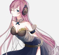 Rule 34 | 1girl, armband, arms behind back, bare shoulders, blue eyes, breasts, cleavage, collarbone, detached collar, eyelashes, hair between eyes, headphones, highres, leaning forward, long hair, long skirt, megurine luka, megurine luka (vocaloid4), one eye closed, open mouth, pale skin, pink hair, simple background, sketch, skirt, solo, very long hair, vocaloid