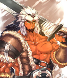 Rule 34 | 1boy, abs, animal hood, armor, bad id, bad pixiv id, bara, bare pectorals, bear hood, beard, belt, brown hair, character request, copyright request, dark-skinned male, dark skin, facial hair, fur trim, hood, large pectorals, long hair, looking at viewer, male focus, mature male, muscular, muscular male, nipples, over shoulder, pauldrons, pectorals, scar, scar on chest, scar on face, scar on nose, shoulder armor, single bare shoulder, single pauldron, solo, sword, sword over shoulder, tengo (maotengo), thick eyebrows, upper body, weapon, weapon over shoulder