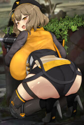 Rule 34 | 1girl, :d, ahoge, anis (nikke), artist name, ass, back, beret, black footwear, boots, breasts, brown eyes, brown hair, curvy, full body, goddess of victory: nikke, grenade launcher, gun, hair ornament, hat, high heel boots, high heels, highres, holding, holding gun, holding weapon, huge ass, huge breasts, jacket, knee pads, long sleeves, looking at viewer, looking back, medium hair, minggoo, open mouth, outdoors, plump, seiza, shiny skin, sitting, smile, solo, weapon, yellow jacket